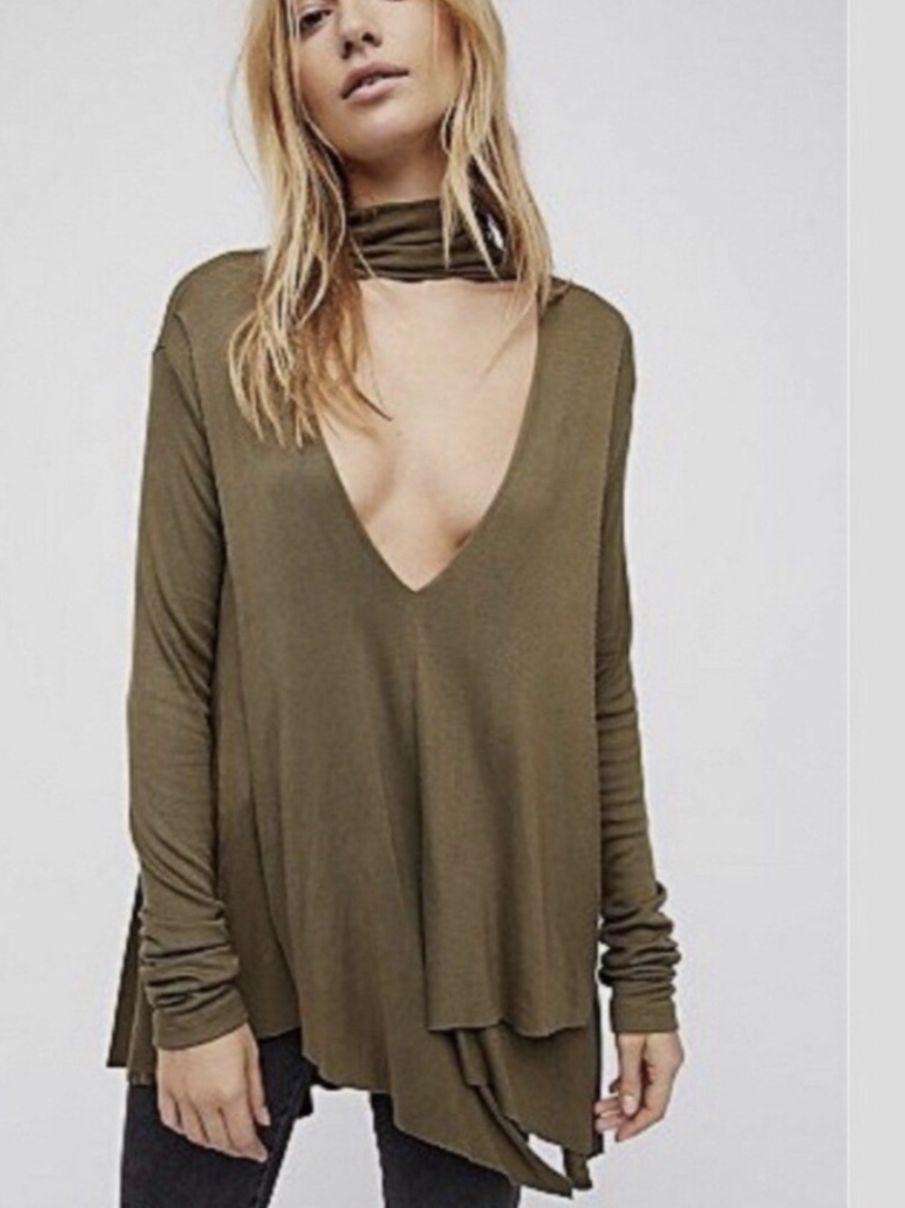 Free People Olive Deep V Choker Tunic